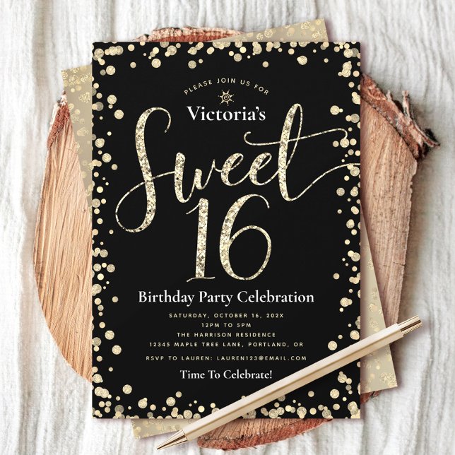Convites Doce 16 Dourado Brilho Script Aniversário Chic (Criador carregado)