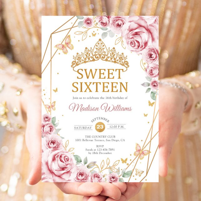 Convites Doce 16 Elegante Chique Rosas Rosa Dourado (Criador carregado)