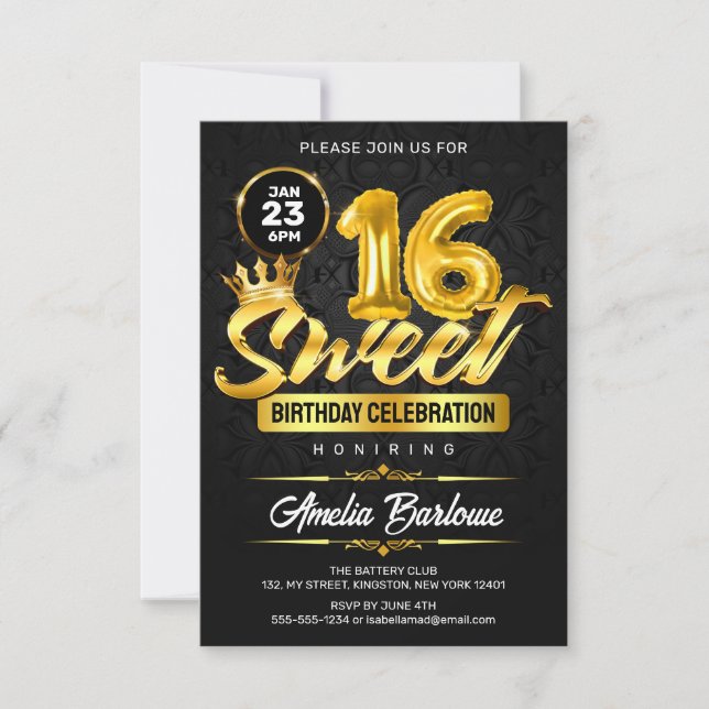 Convites Doce 16 Elegante Preto e Dourado Premium (Frente)
