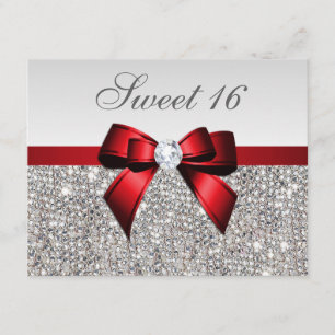 Convites Doce 16 Faux Silver Sequins Diamantes Arco Vermelh