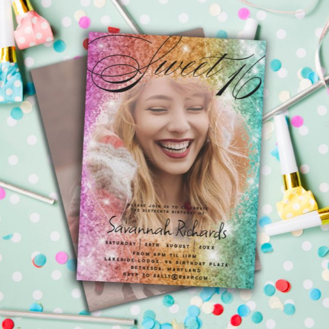 Convites Doce 16 Festa Colorida Rainbow Glitter & Photo (Criador carregado)