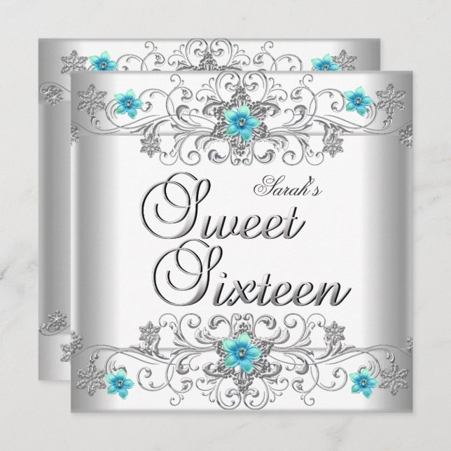 Convites Doce 16 Festa de aniversário Azul-Teal Diamante Br (Frente/Verso)