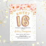 Convites Doce 16 Festa de aniversário - Balões Dourados Flo<br><div class="desc">Doce convite de aniversário 16. Design elegante em ouro brilhante com sotaque floral. Convide cartão com balões dourados número 16,  fonte de script com confetti. Coral cor-de-rosa,  branco. Perfeito para uma comemoração de na moda 16 dias. Envie-me uma mensagem se precisar de idade personalizada.</div>
