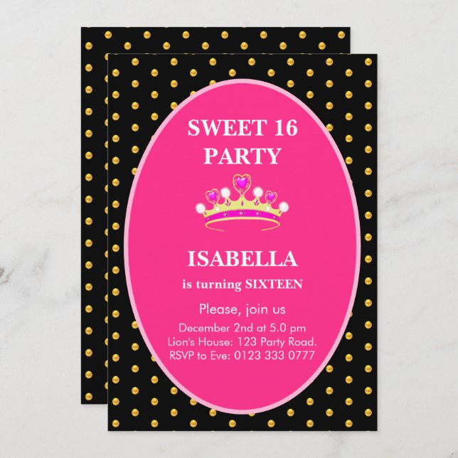 Convites Doce 16 Festa de aniversário da Princesa Coroa (Frente/Verso)