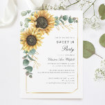 Convites Doce 16 Festa de aniversário de girassol Eucalyptu<br><div class="desc">O Convite de aniversário Eucalyptus Sunflower Script Sweet 16 pode ser facilmente personalizado com os detalhes da festa surpresa clicando no botão "Personalizar". Apresentando um brilho amarelo floral e verde suculente com uma estrutura geométrica de folha de ouro e tipografia moderna</div>