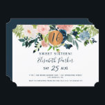 Convites Doce 16 festa de aniversário floral de aquarelas m<br><div class="desc">cor-de-rosa esbranquiçada, azul pastel, creme de marfim, pêssego e marinho, flores boêmicas buquês com folhagem verde e um círculo vago metálico cintilante de cobre fazer moderno glam horizontal doce dezesseis / qualquer convite de aniversário etário com um roteiro trendy chic totalmente editável de tipografia. Adequado para qualquer festa temática de...</div>