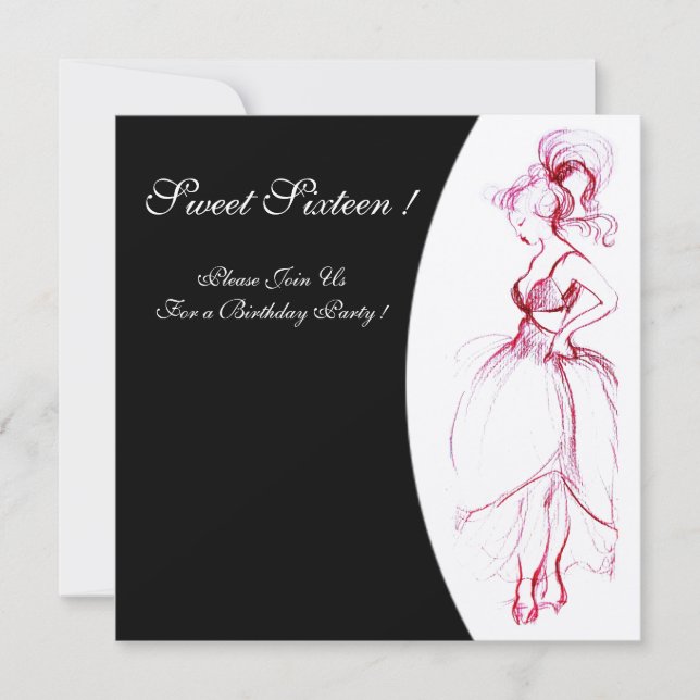 Convites DOCE 16 FESTA DE ANIVERSÁRIO Vermelho Cor-de-Rosa  (Frente)