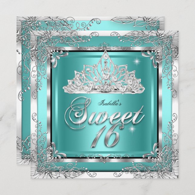 Convites Doce 16 Festa de Diamante Tiara Azul Teal (Frente/Verso)