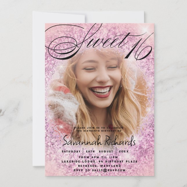 Convites Doce 16 Festa de Foto Rosa e Roxo (Frente)