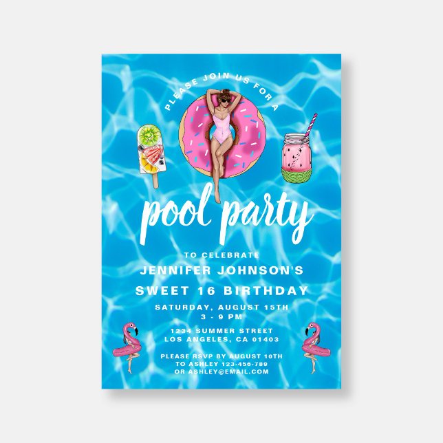 Convites Doce 16 Festa de Piscina de Verão, Rosa-Rosa, de A (Sweet 16 Birthday Cute Pink Summer Pool Party Invitation)