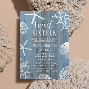 Convites Doce 16 Festa Elegante Dusty Blue Beach Starfish