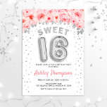 Convites Doce 16 Festas de aniversário - Balões Prateados R<br><div class="desc">Doce convite de aniversário 16. Design elegante em prata brilhante com sotaque floral. Convide cartão com balões prateados número 16,  fonte de script com confetti. Leve rosa e branco. Perfeito para uma comemoração de na moda 16 dias. Envie-me uma mensagem se precisar de idade personalizada.</div>