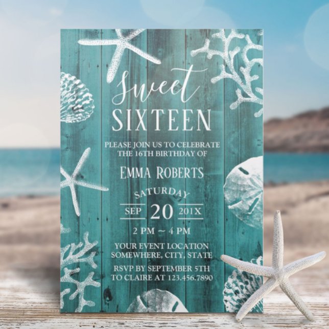 Convites Doce, 16 festas Rustic Teal Beach Starfish (Criador carregado)