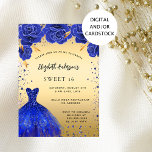 Convites Doce 16 florais de roupas brilhantes de ouro azul<br><div class="desc">Um convite moderno, na moda e glamouroso para uma doce festa de aniversário 16, 16. Um fundo de ouro falso com faíscas azuis falsas e um vestido azul real e rosas, florais. O nome é escrito com um moderno estilo escrito à mão. Personalize e adicione os detalhes da sua festa....</div>