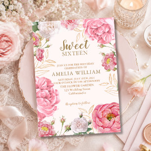 Convites Doce 16 Floral Rosa Dourado Cumprimento Aniversári