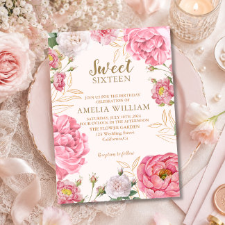 Convites Doce 16 Floral Rosa Dourado Cumprimento Aniversári