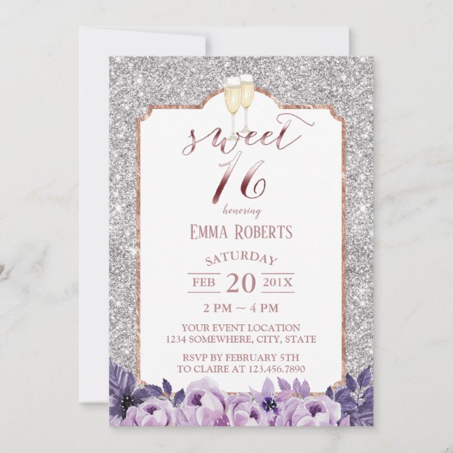 Convites Doce 16 Floral Roxo Roxo Prateado Moderno (Frente)