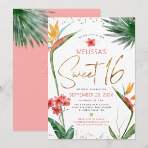 Convites Doce 16 Floral Tropical Aquarela Rótulo Dourado