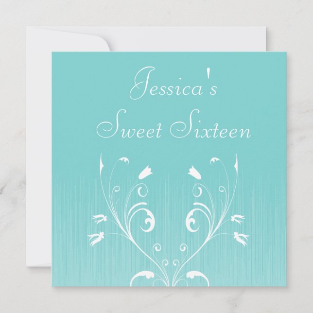 Convites Doce 16 Flores Brancas Azuis Claro de Aniversário (Frente)