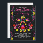 Convites Doce 16 Flores do Partido Mexicano Aniversário Neg<br><div class="desc">Mexicano Floral Sweet 16 Convite para a 16ª comemoração de aniversário da sua filha. Este tema floral mexicano traz flores coloridas de arte folclórica mexicana em um fundo preto. A parte de trás do cartão tem um buquê floral feito das mesmas flores de fiesta. O modelo está pronto para personalizar...</div>