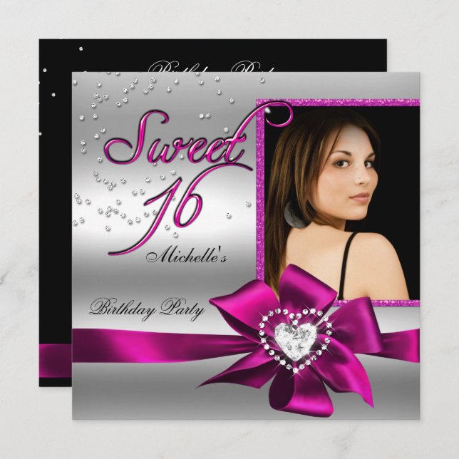 Convites Doce 16 Foto 16 Doce De Prata Rosa (Frente/Verso)