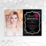 Convites Doce 16 Foto Negra Branca de Prata Rosa de Anivers<br><div class="desc">Foto preta,  rosa,  de prata,  doce 16 de aniversário. Doce dezesseis convites de aniversário com sua foto. Possui fonte de script,  lábios beijam e confetti. Design cor-de-rosa preto clássico com prata brilhante. Perfeito para uma elegante festa de 16 dias.</div>
