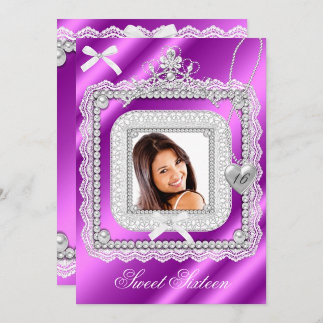 Convites Doce 16 Foto Rosa Púrpura Lace Pearl 2 (Frente/Verso)