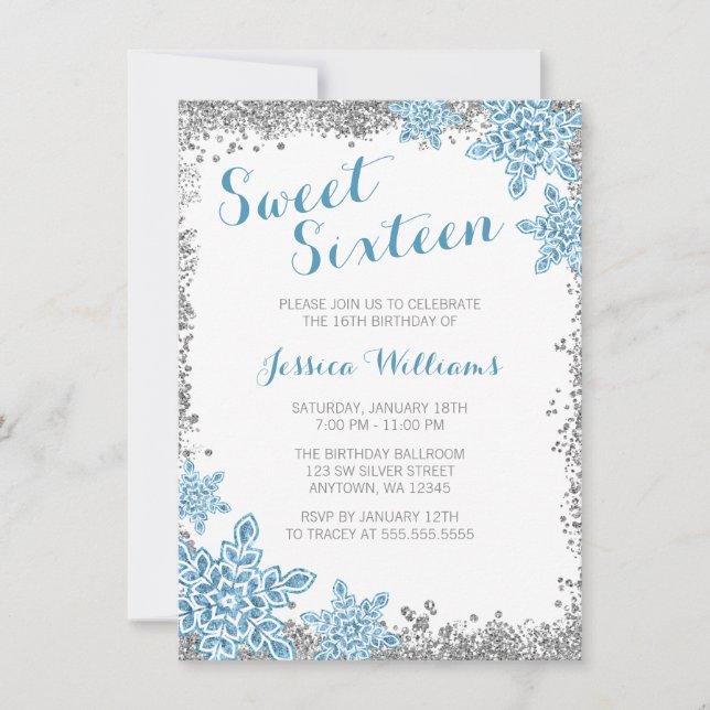 Convites Doce 16 Glam Mundo Mágico de Inverno Prata Azul (Frente)