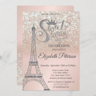 Convites Doce 16 Glitter Bokeh Ombre,Torre Eiffel Sweet 16