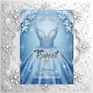 Convites Doce 16 Icy Blue Prata Flocos de Neve de Inverno