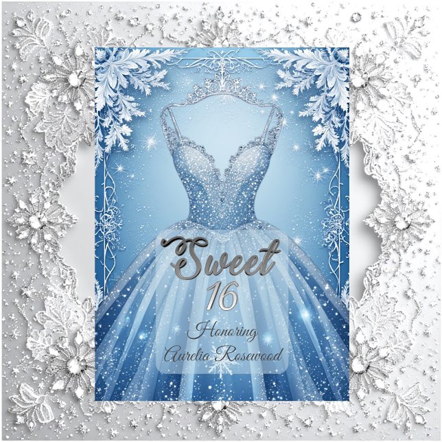 Convites Doce 16 Icy Blue Prata Flocos de Neve de Inverno  (Sweet 16 Icy Blue Silver Winter Frost Snowflakes Invitation)