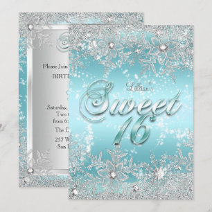 Convites Doce 16 Inverno Azul Teal Floco de Neve