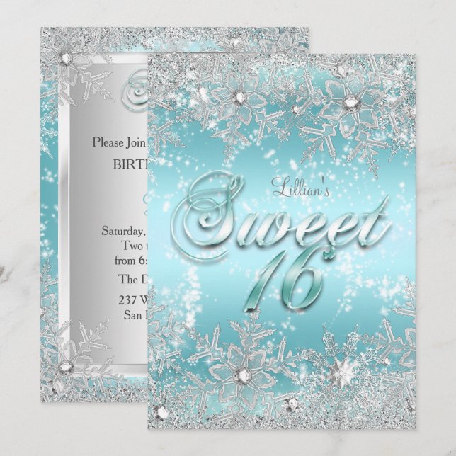 Convites Doce 16 Inverno Azul Teal Floco de Neve (Frente/Verso)