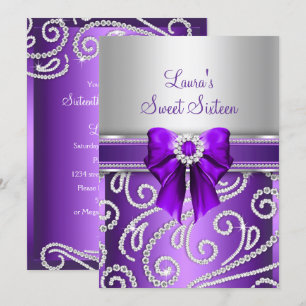 Convites Doce 16 Laço Roxo e Diamante Brilhante