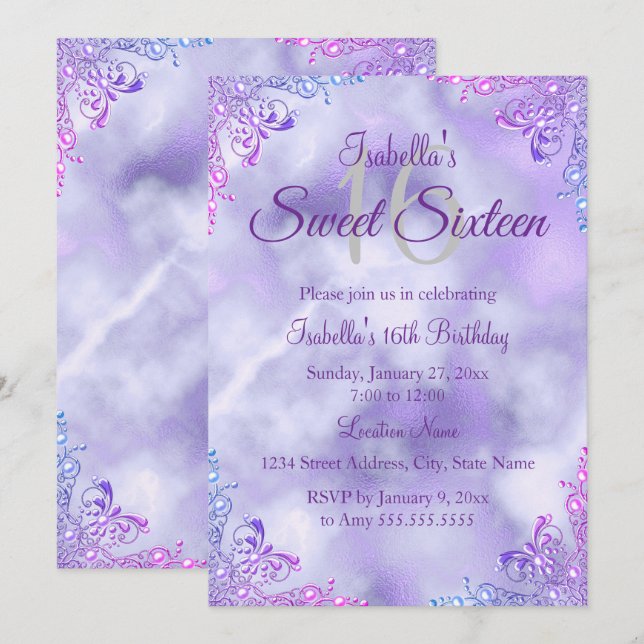 Convites Doce 16 Lilás Roxo Pérola Prata Damask (Frente/Verso)