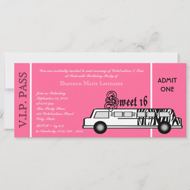 Convites Doce 16 Limo Party Pass (Frente)