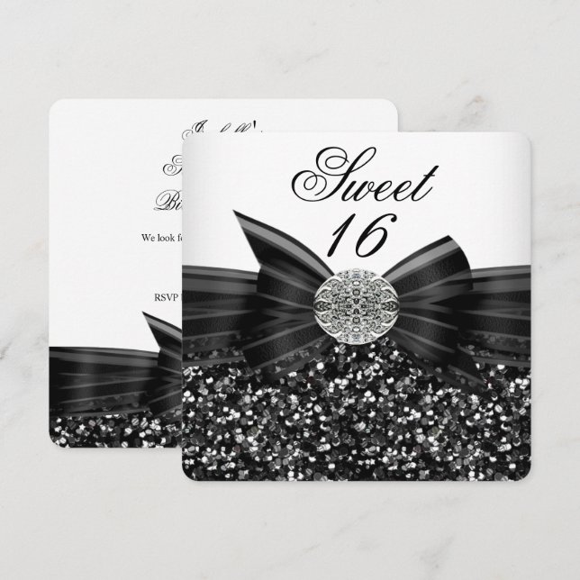 Convites Doce 16 Luxo Brilho Laço Prata Preto Branco (Frente/Verso)