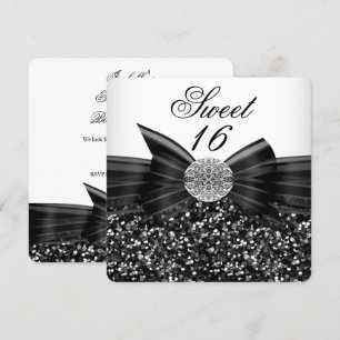 Convites Doce 16 Luxo Brilho Laço Prata Preto Branco