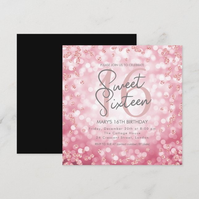 Convites Doce 16 Luzes de Lantera de Glitter Chic Dourada d (Frente/Verso)