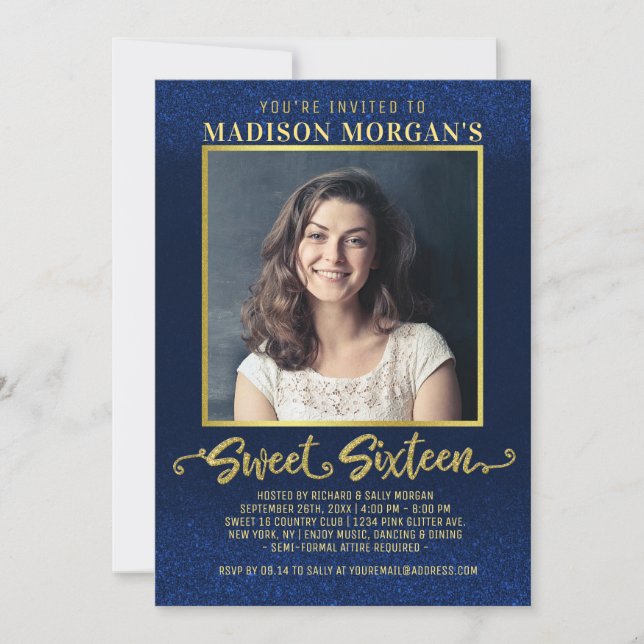 Convites Doce 16 Marinho de aniversário Foto azul Dourada b (Frente)