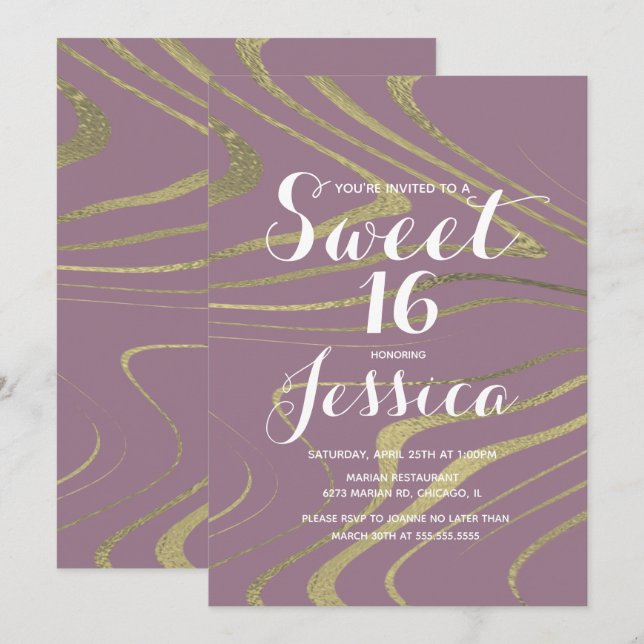 Convites Doce 16 | Mármore Violeta Falso Zebra Dourado (Frente/Verso)