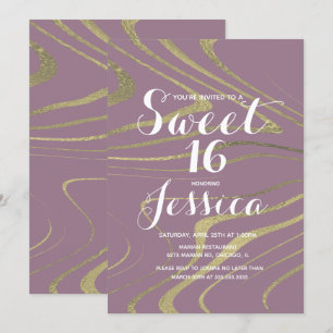 Convites Doce 16 Mármore Violeta Falso Zebra Dourado