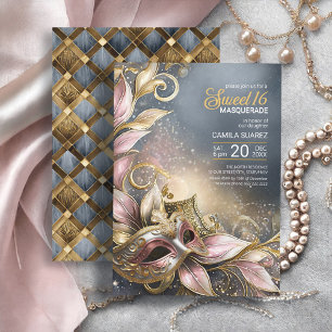 Convites Doce 16 Mascarada com Rosa Dourado ID1032