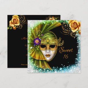 Convites Doce 16 Mascarada Mardi Gras Dourado Verde