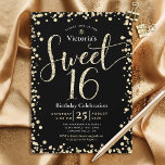 Convites Doce 16 Menina Dourada Negra Moderna, Nadinha<br><div class="desc">"Feliz Doce 16". Envie este convite de festas impressionante, brilhante, giro, festivo, moderno, personalizado para um evento que se lembre. Dourada tipografia de script brilho e cobertura de confetti. Mais confete com brilho dourado sobrepõe-se a preto nas costas. Personalize o texto personalizado com o nome da sua filha e com...</div>
