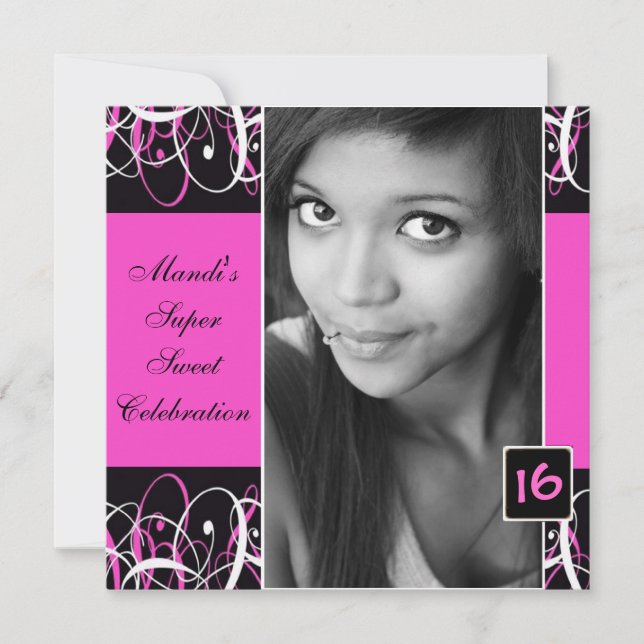 Convites Doce 16 Nadinhos Negros e Rosa (Frente)