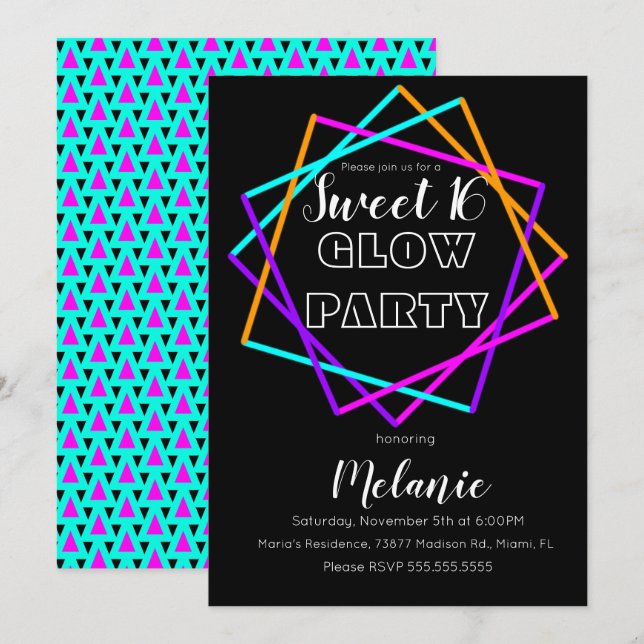 Convites Doce 16 Neon Brilhante No Multilaser Escuro (Frente/Verso)