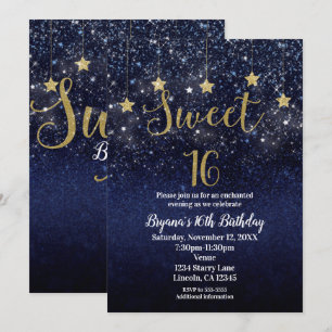 Convites Doce 16 Noite Estrelada Dourado Azul Brilho Céu Fe
