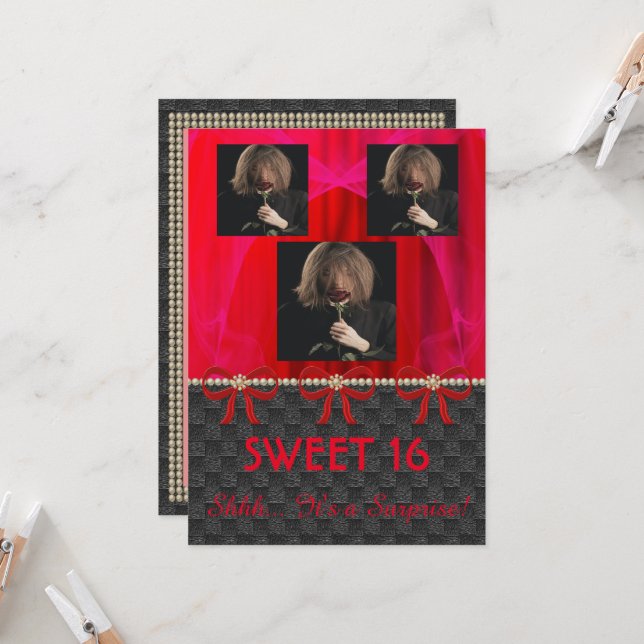 Convites Doce 16 Partido Surpresa Red Silk e Pérolas e foto (Frente/Verso In Situ)