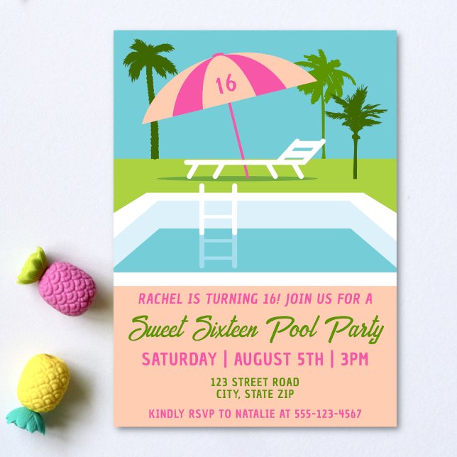 Convites Doce, 16 Piscinas, Piscina tropical de natação (Sweet sixteen pool party invitation on a light background with tropical pineapple decorations.)